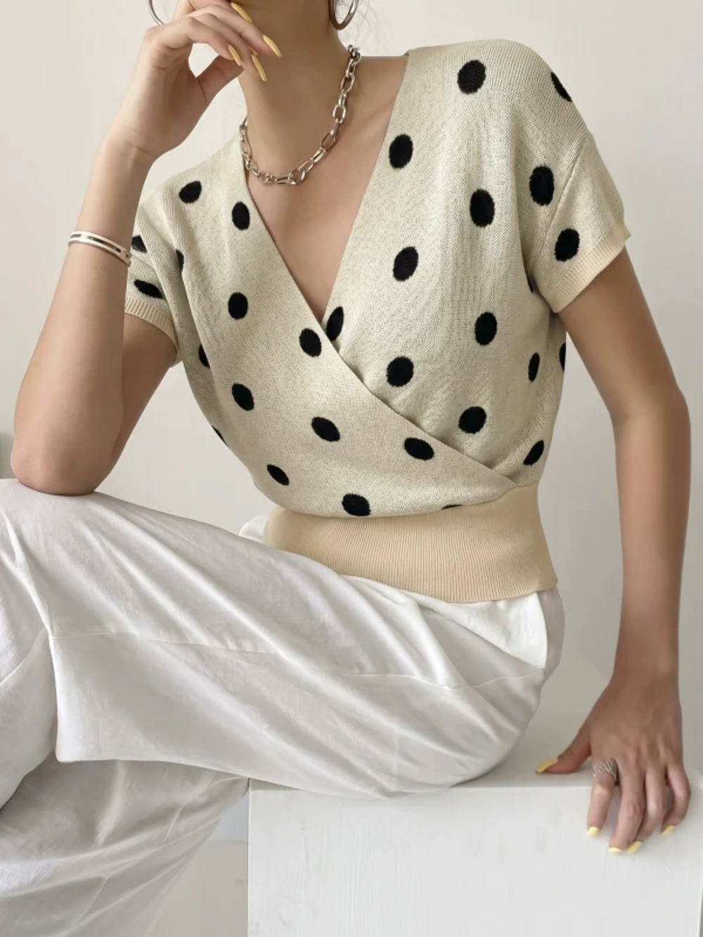 ZARA Women Summer Polka Dot Cross V Neck Loose Knit Top Short Sleeve